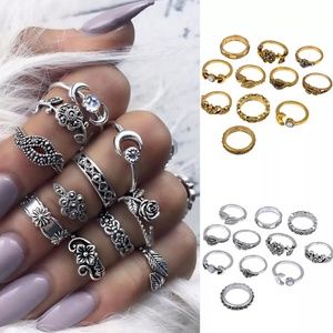Gold Moon, Sun & Nature Midi Ring Set